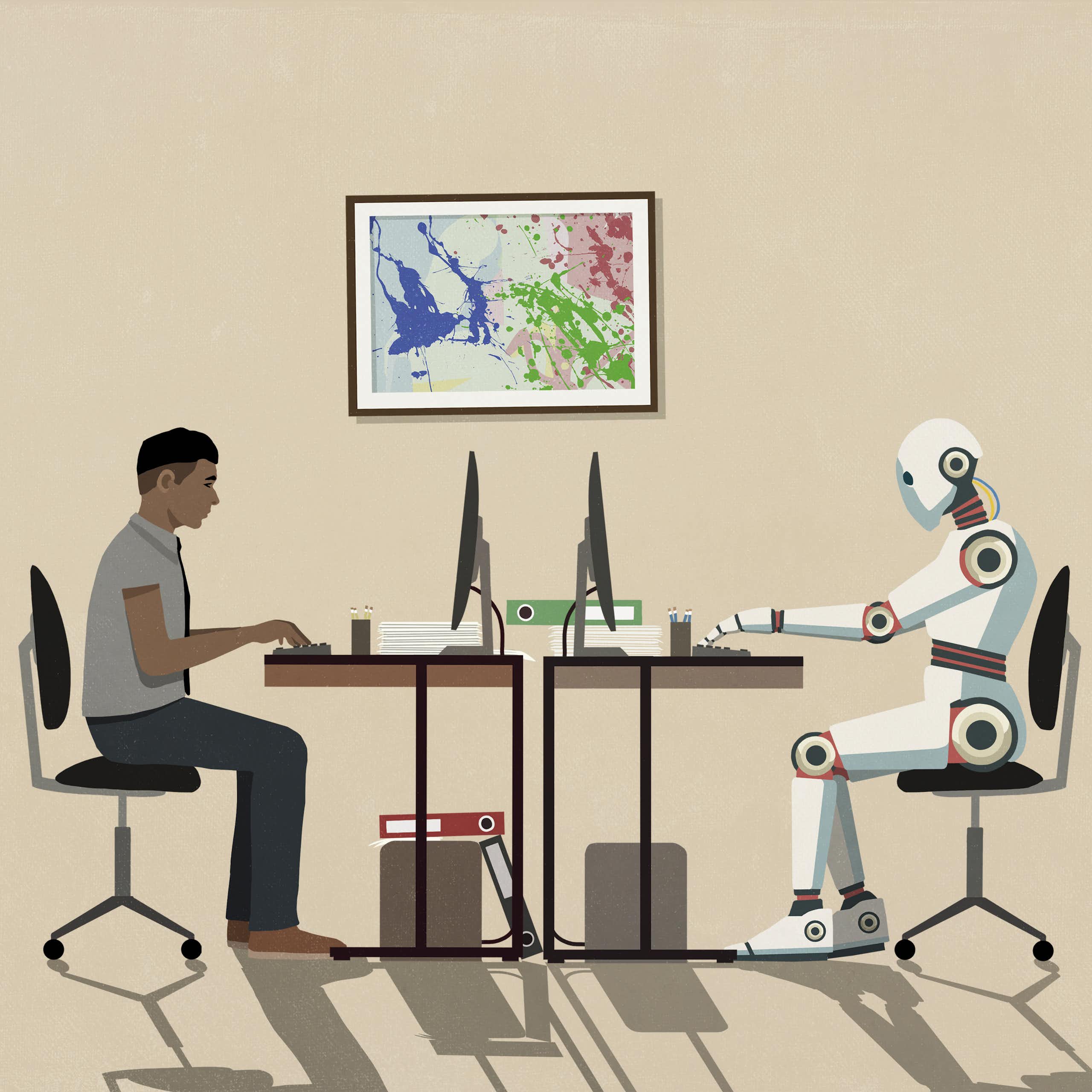 An illustration of a man and humanoid robot, facing each other at a table and working on laptops.