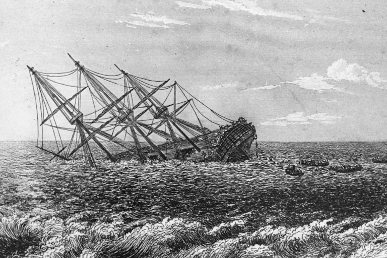 A sketch shows the HMS Pandora vessel sinking into the sea.