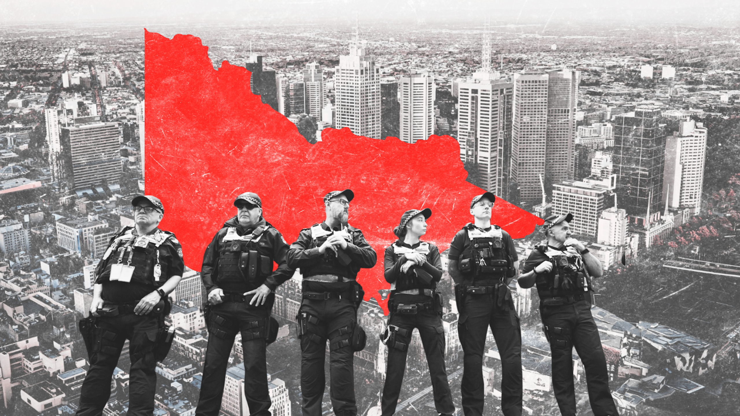 Police officers are seen standing in front of the Melbourne CBD, with a map of Victoria superimposed behind them in red.