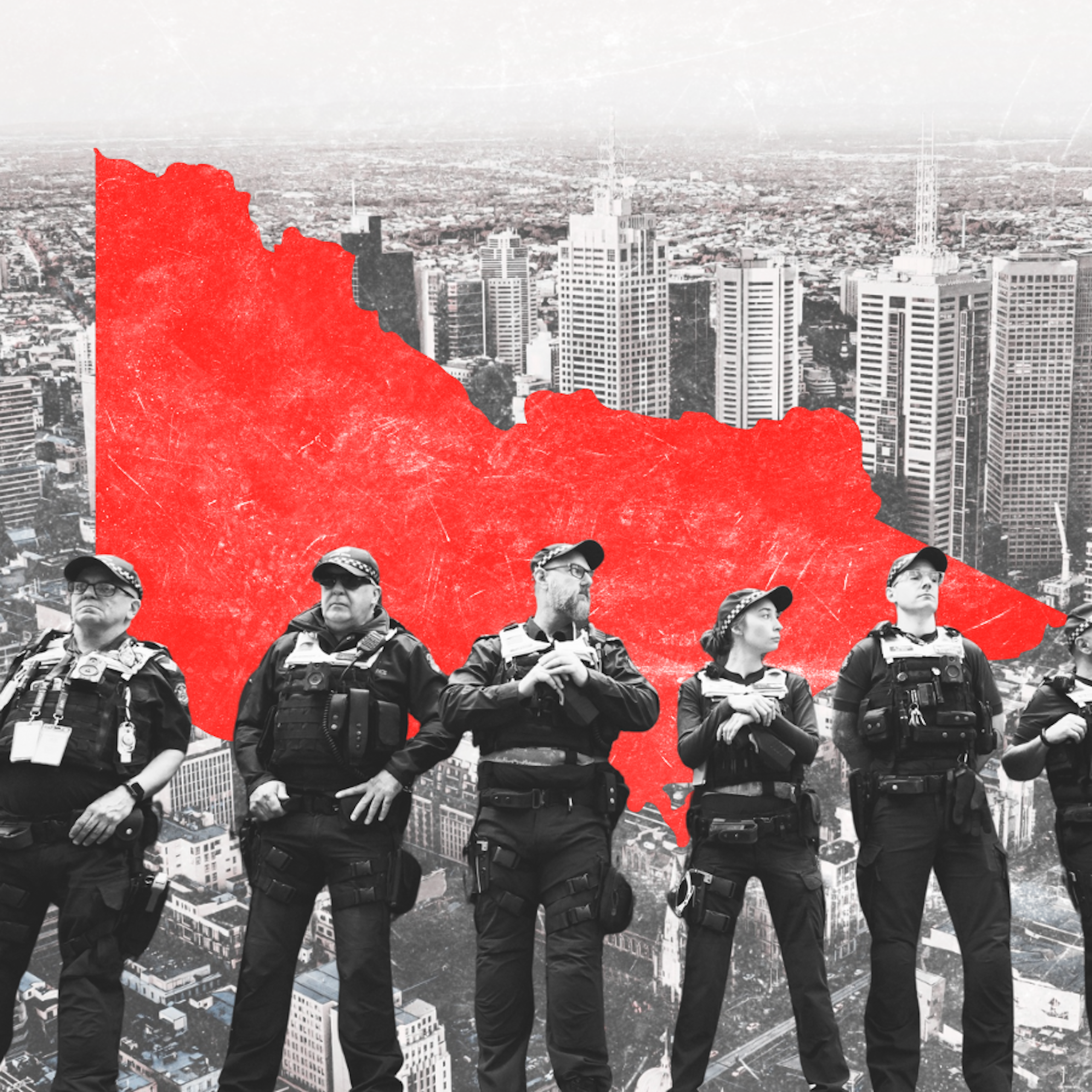 Police officers are seen standing in front of the Melbourne CBD, with a map of Victoria superimposed behind them in red.