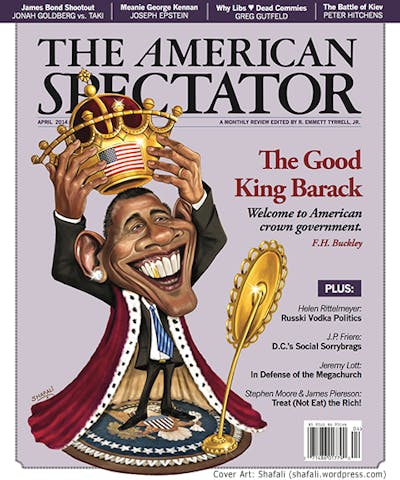 Image from cocver of American Spectgator 2014 showing a caricature of Barack Obama crowning himself king.