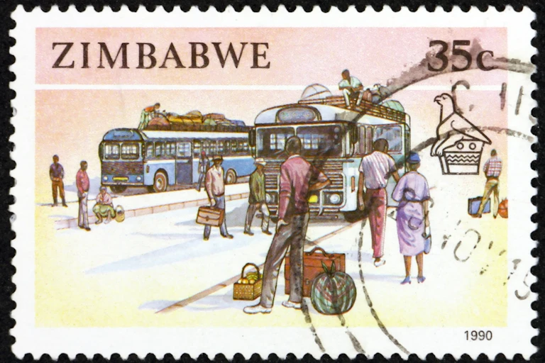 Stamp with illustration of bus and people with baggage