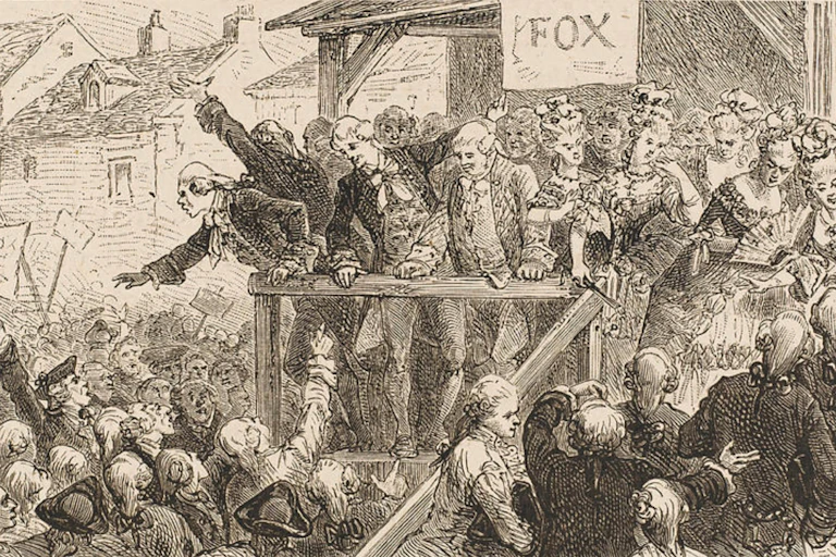 An old drawing depicting Charles Fox on the hustings.