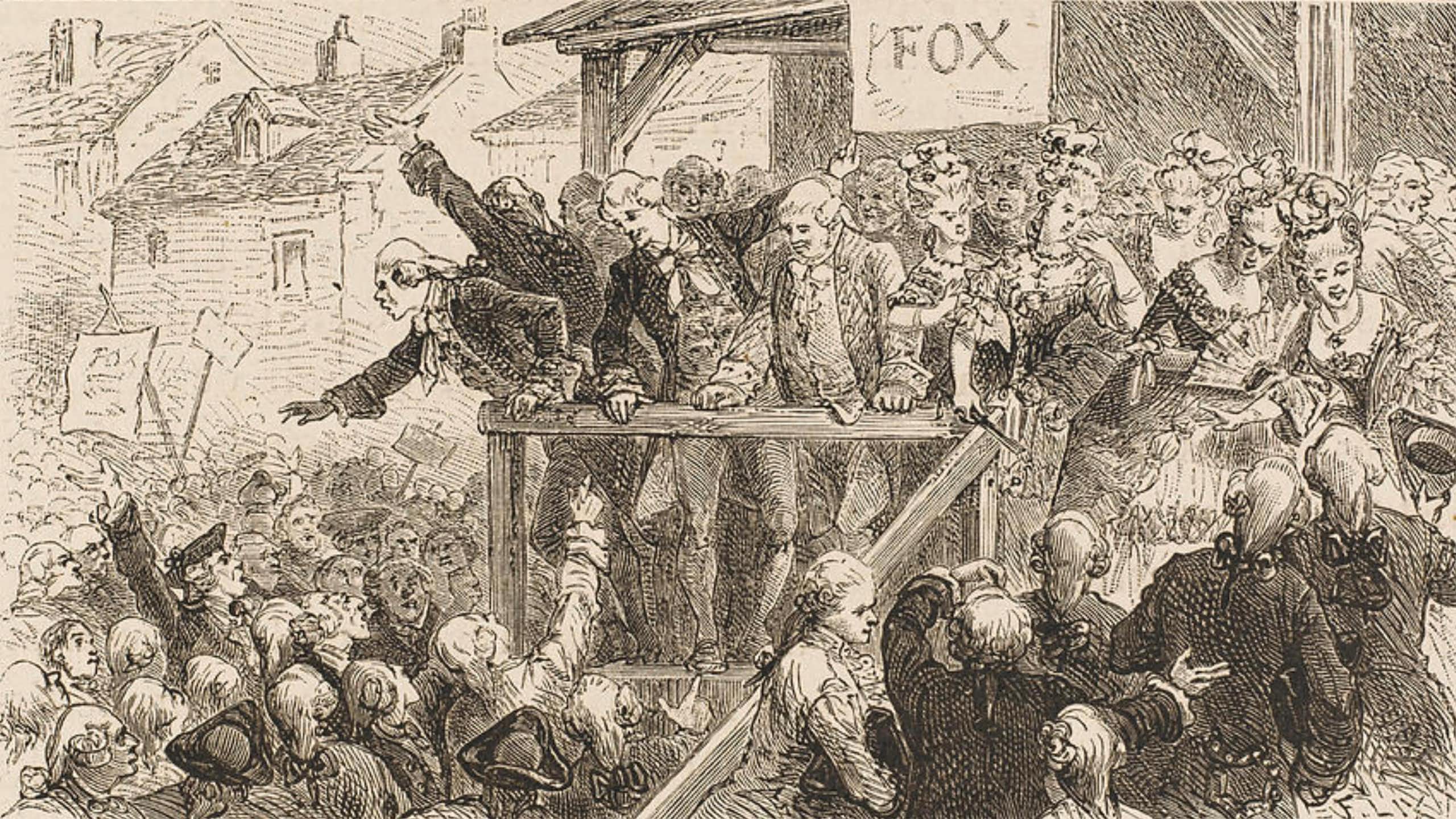 An old drawing depicting Charles Fox on the hustings.