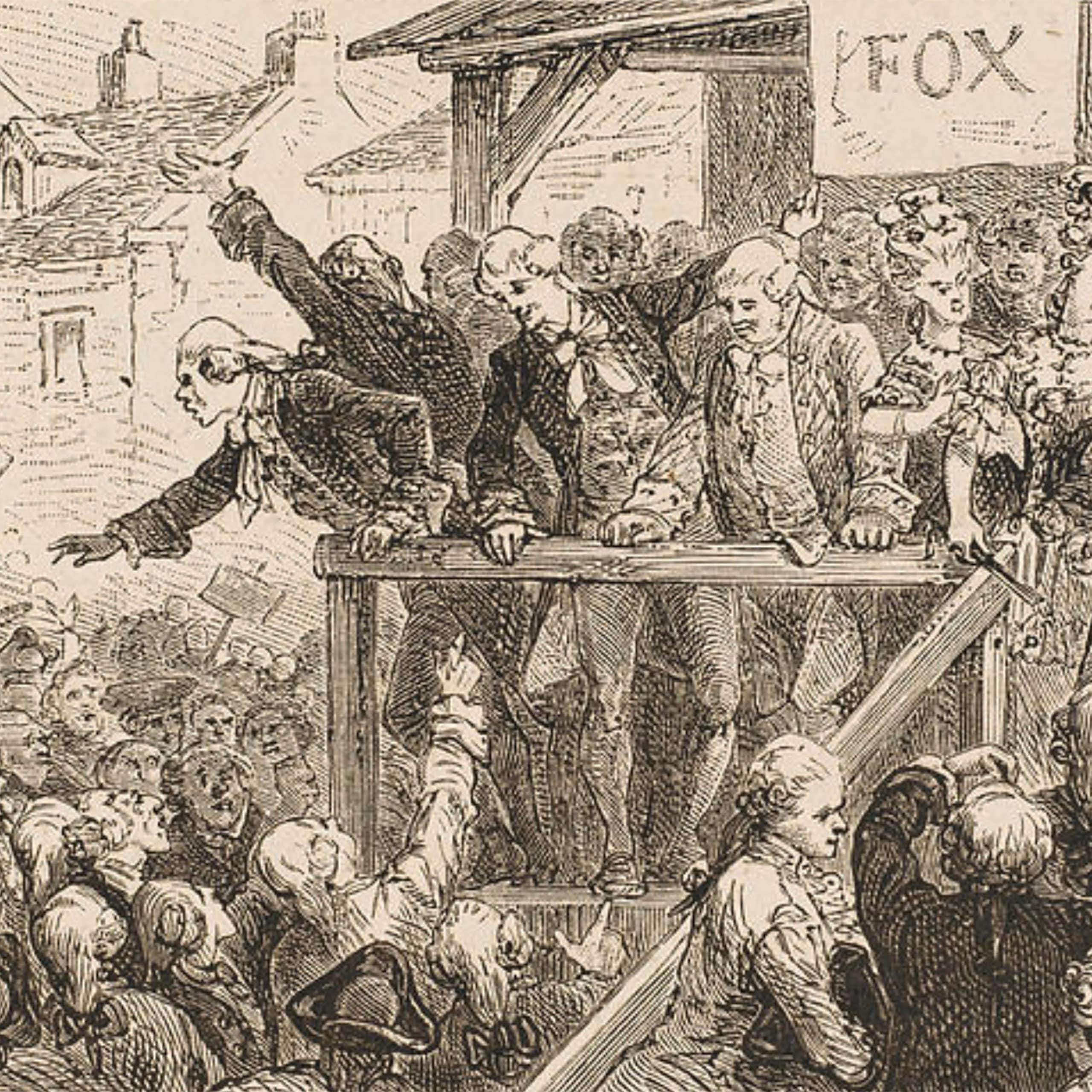 An old drawing depicting Charles Fox on the hustings.