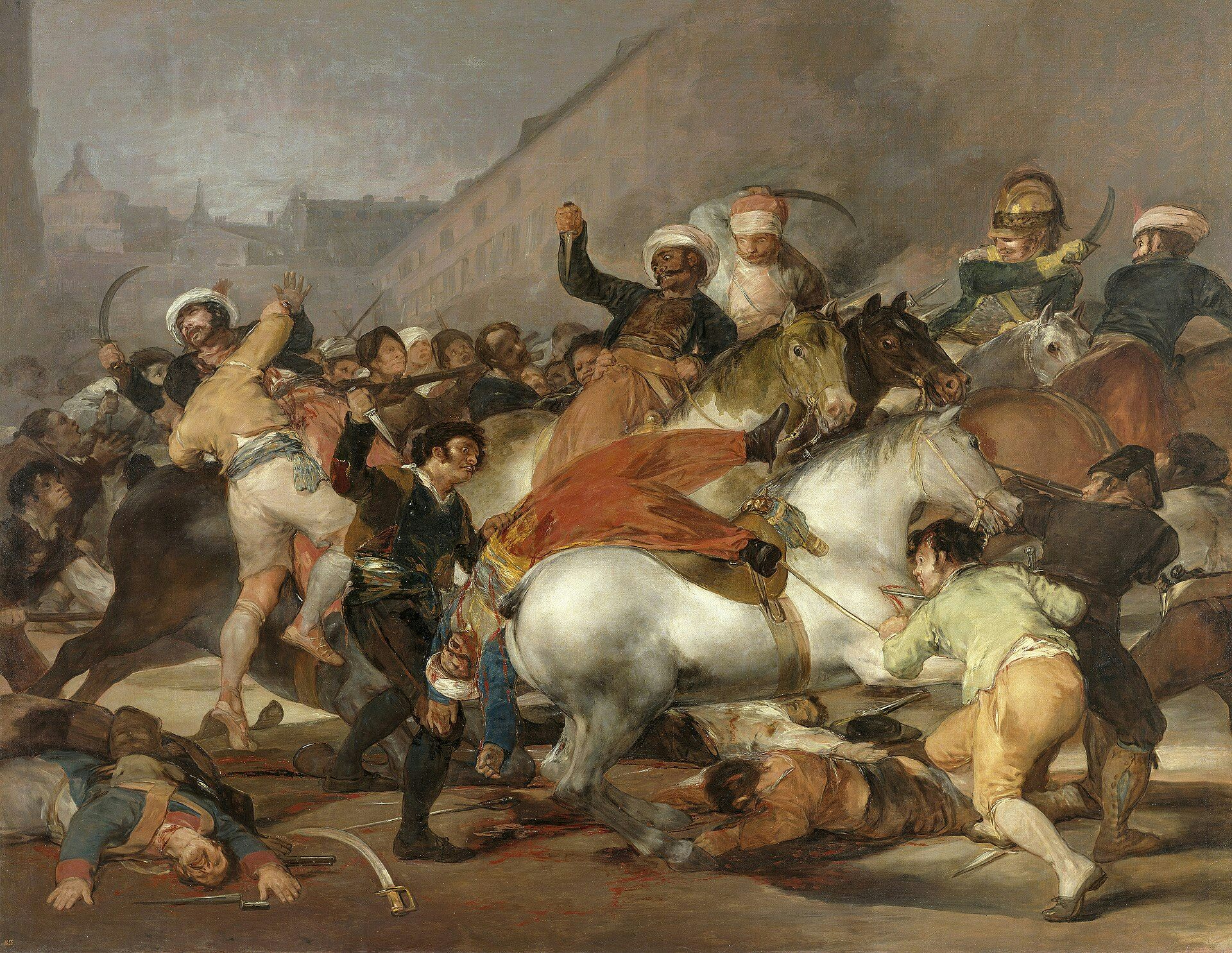 Painting showing soldiers of different backgrounds fighting on horseback