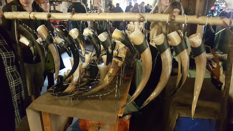 The reality about Vikings and mead may disappoint fashionable lovers 1 Drinking horns on display at a Viking-themed pub in York.
