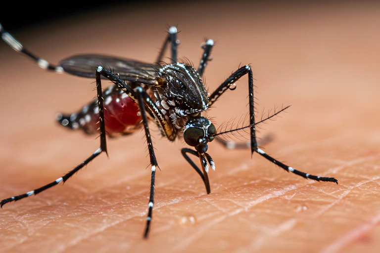 Femelle d’Aedes albopictusen train de piquer en gros plan.
