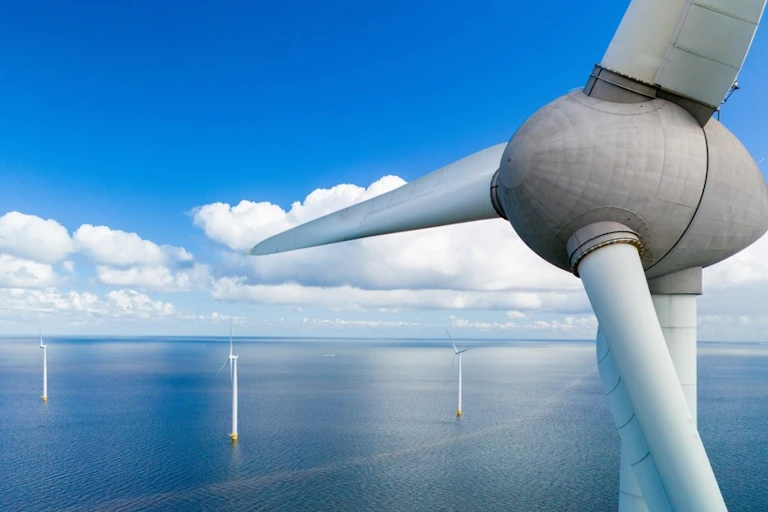 Offshore wind turbine, close up aerial view