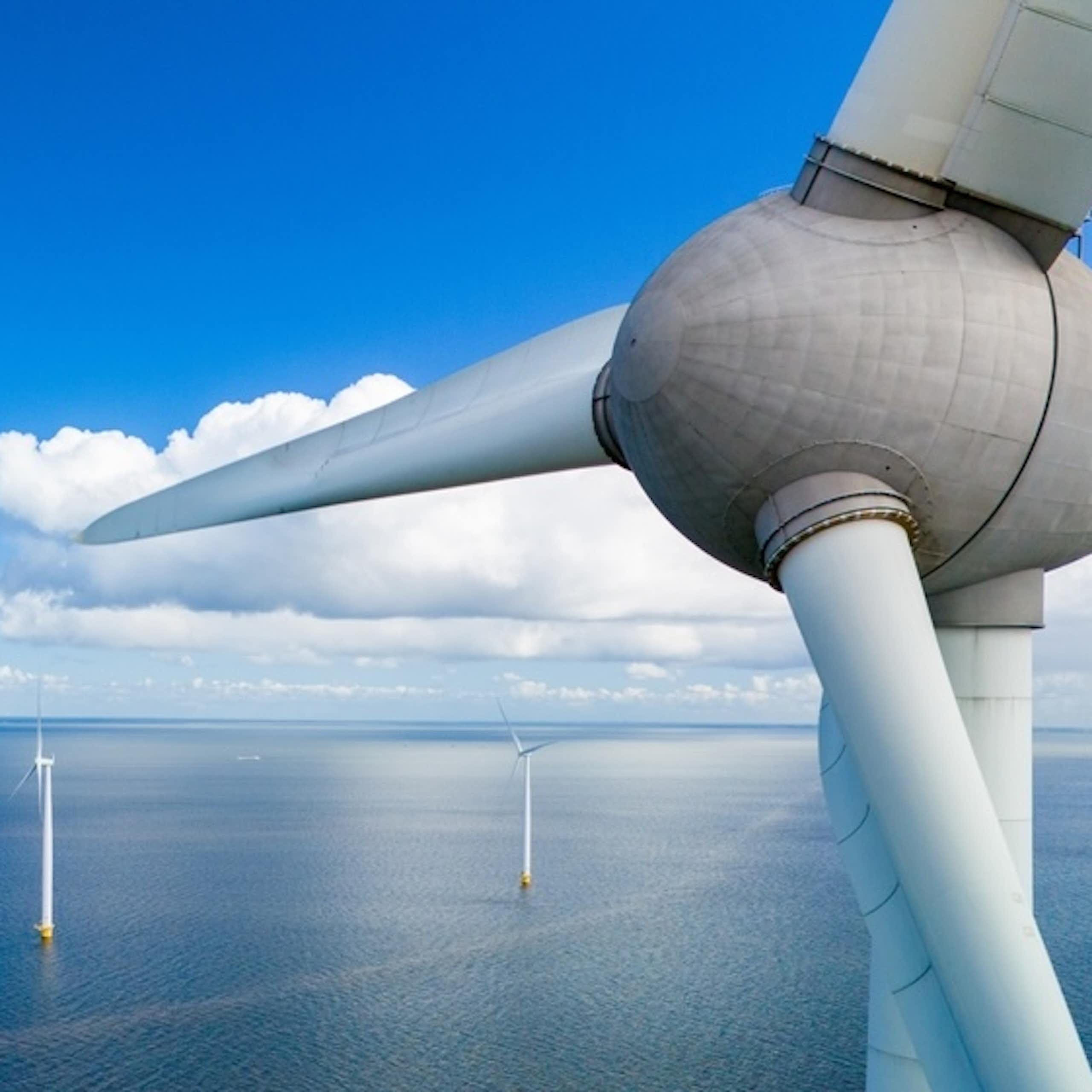 Offshore wind turbine, close up aerial view