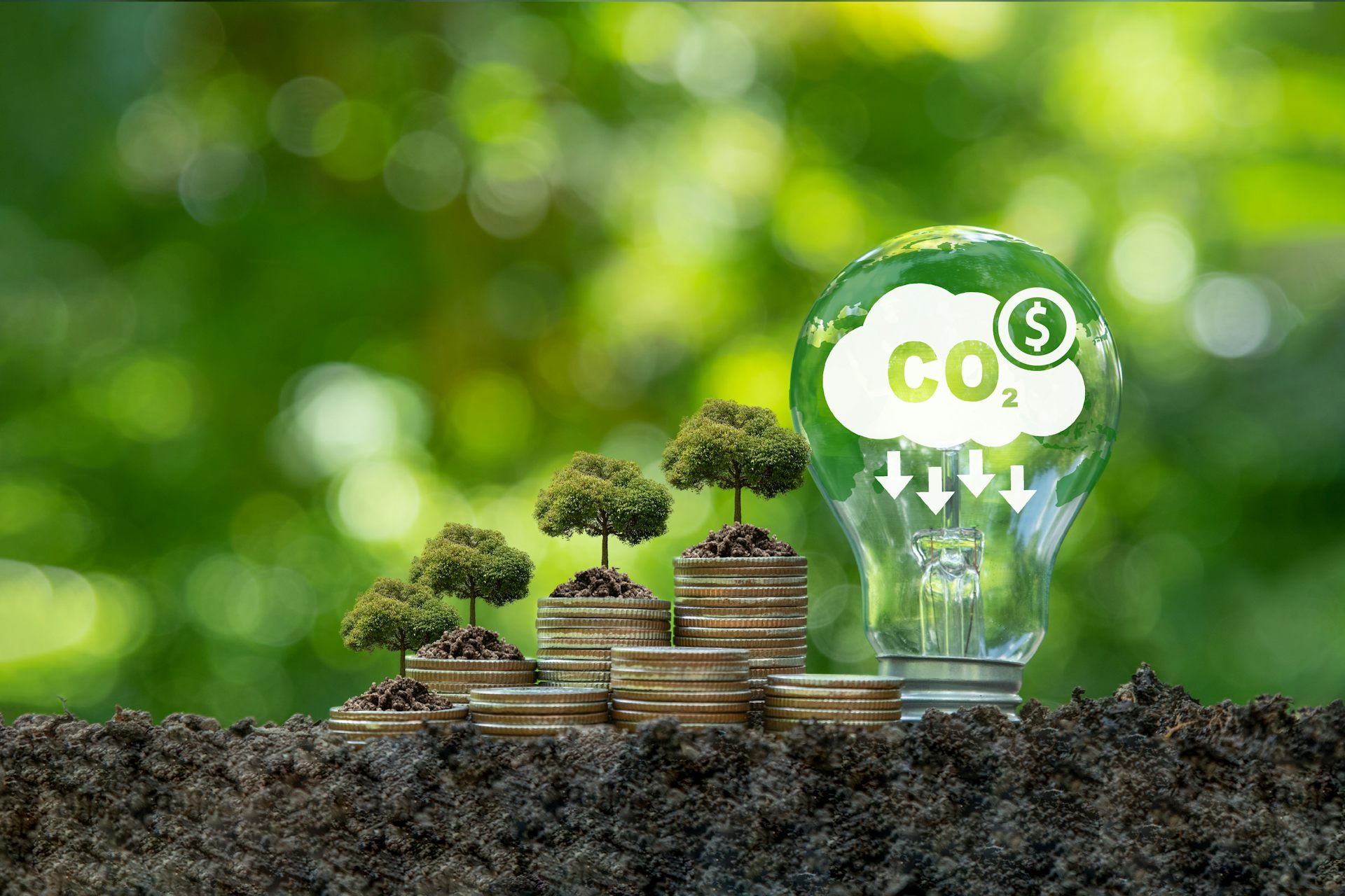 Una bombilla con el símbolo del CO2 junto a montañas de monedas donde crecen árboles.