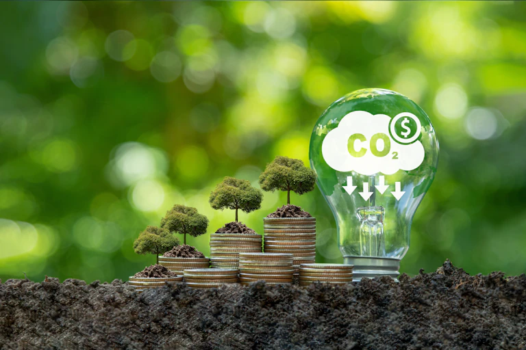 Una bombilla con el símbolo del CO2 junto a montañas de monedas donde crecen árboles.