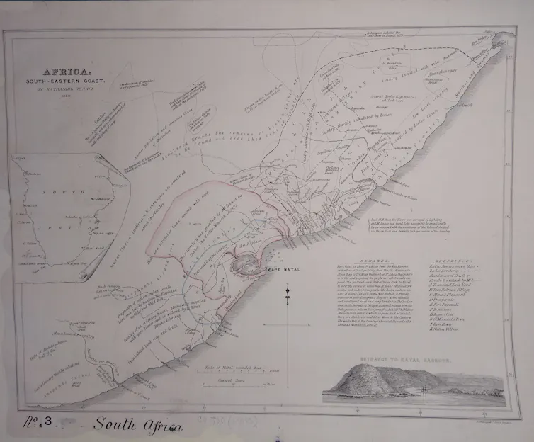 A black and white map of a coastal area.