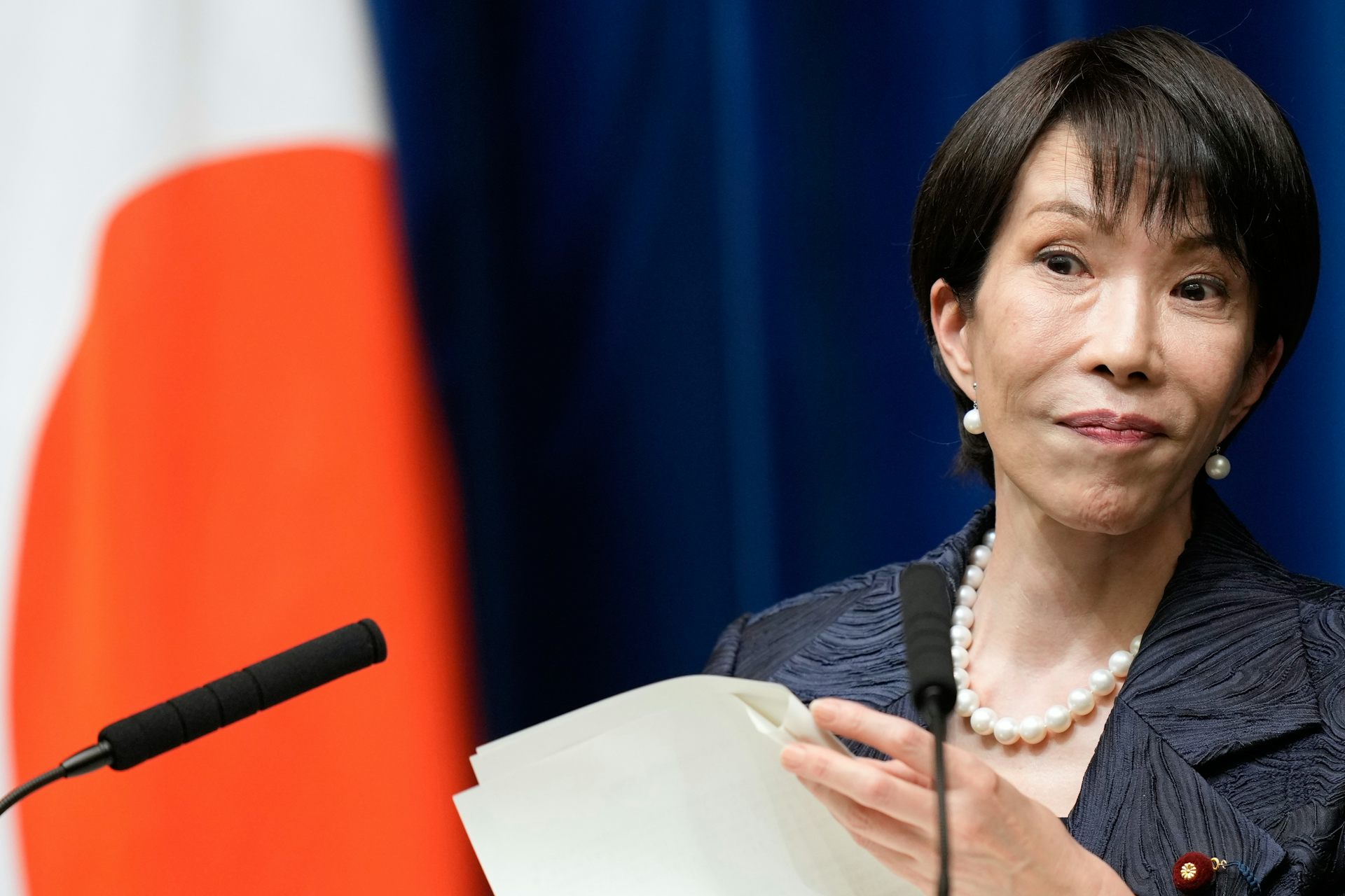 Japan's new prime minister, Sanae Takaichi, at a press conference.