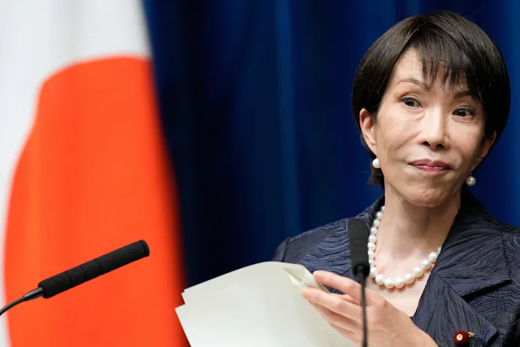 Japan's new prime minister, Sanae Takaichi, at a press conference.