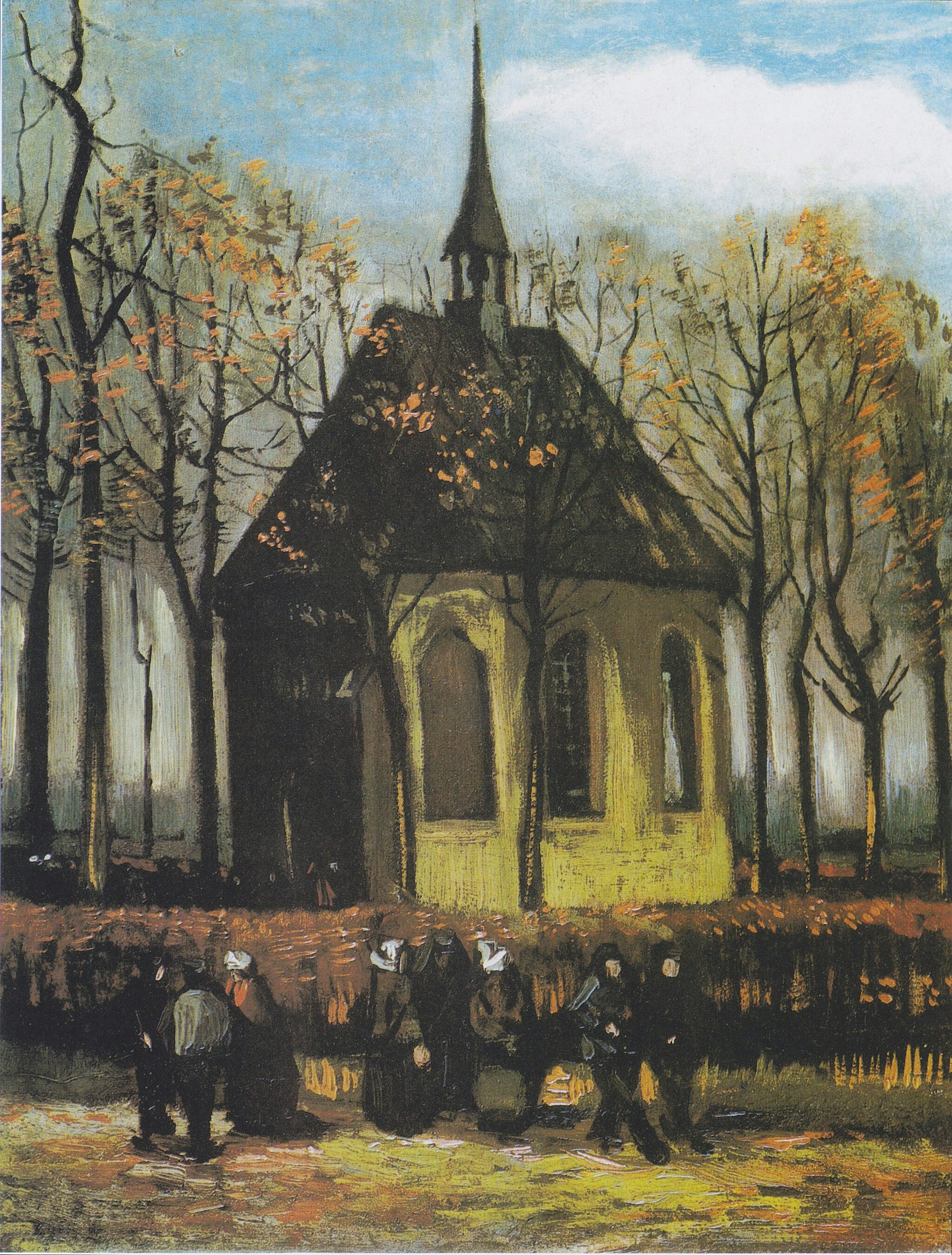Oil painting of a group of people with a church in the background.