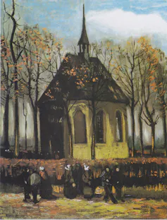Oil painting of a group of people with a church in the background.