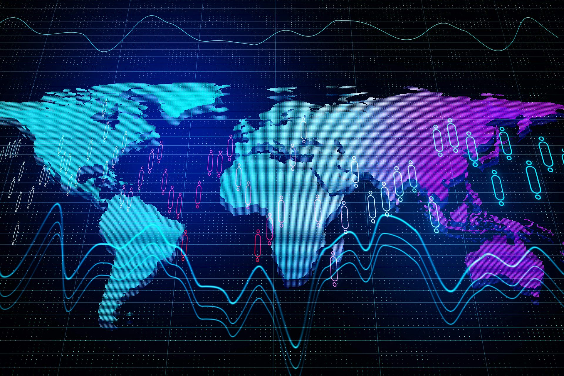 A digital map of the world with financial icons overlaid.