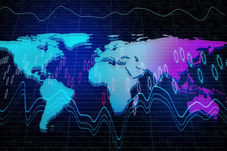 A digital map of the world with financial icons overlaid.