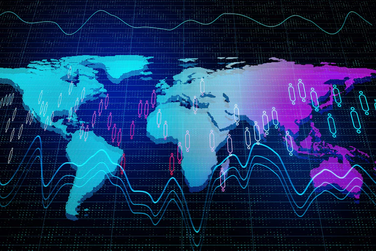 A digital map of the world with financial icons overlaid.