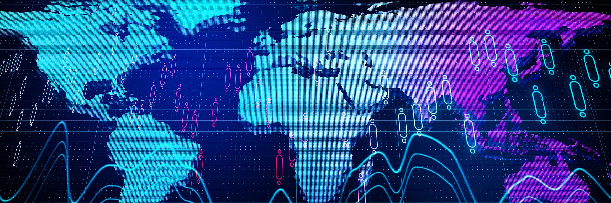 A digital map of the world with financial icons overlaid.