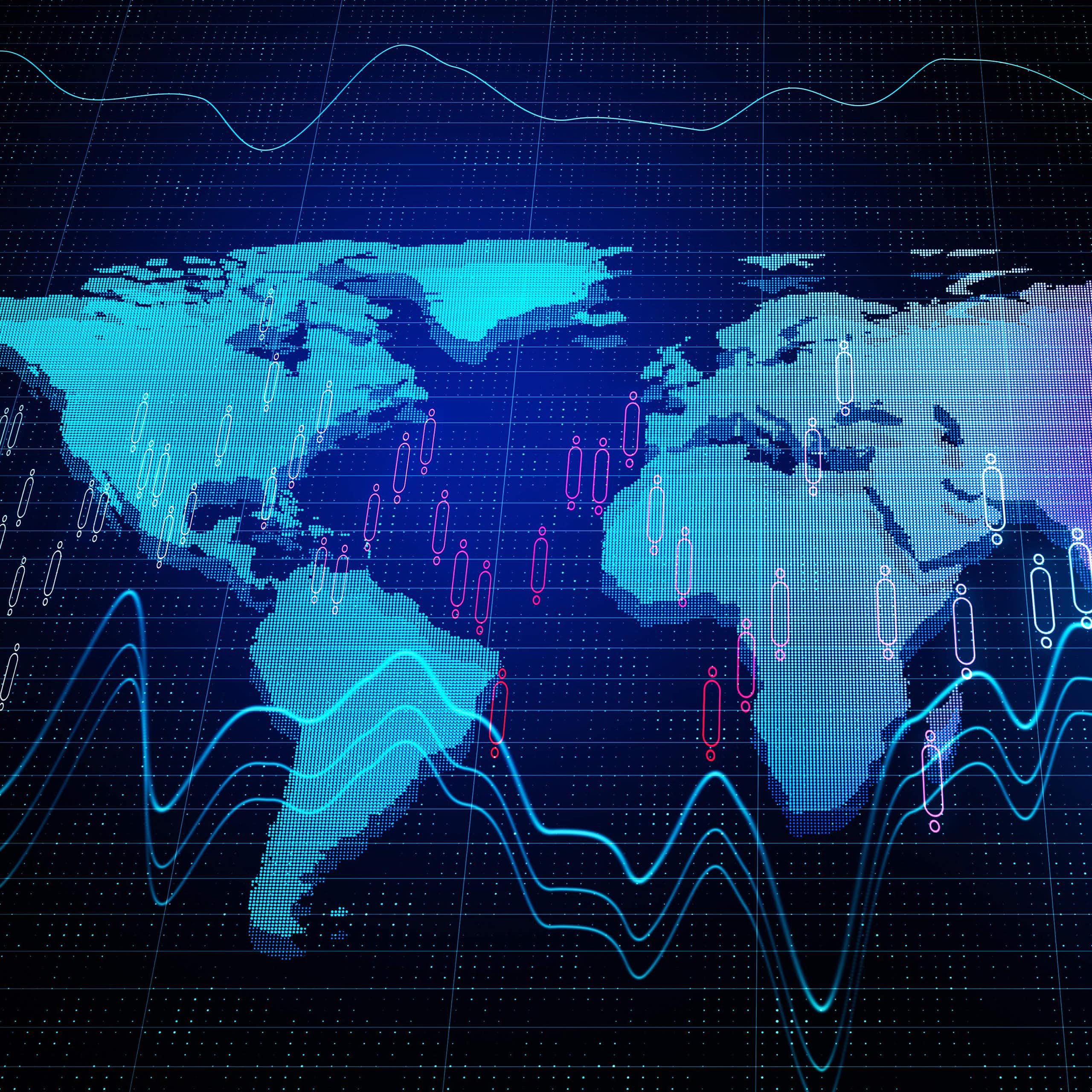A digital map of the world with financial icons overlaid.
