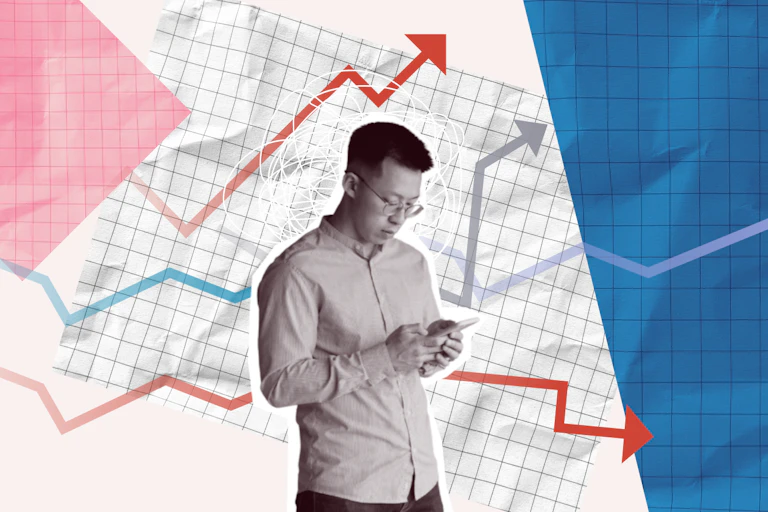 Composite image of a young person looking down at a phone in front of paper background