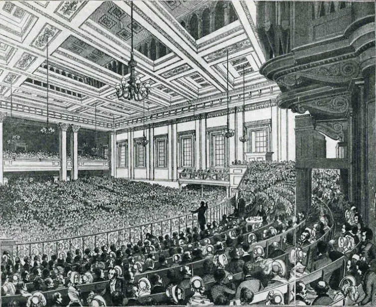 Illustration of an Anti-Corn Law League meeting.
