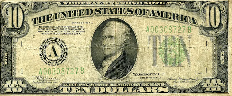 Alexander Hamilton on the front of a US$10 note from 1934