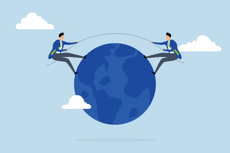 graphic, two businessmen tug of war on planet earth