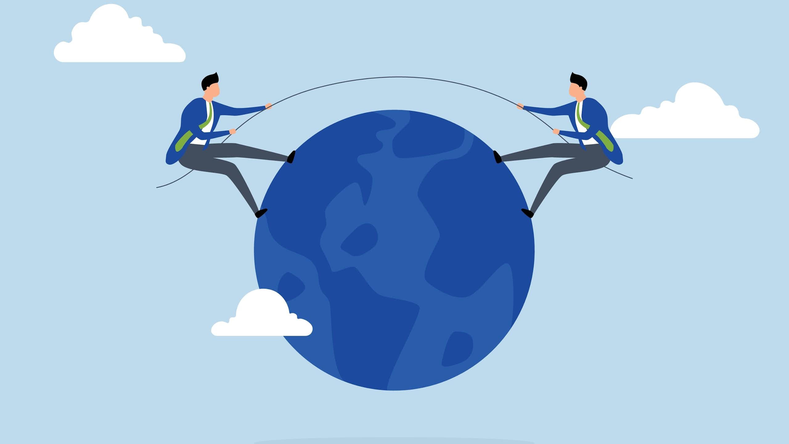 graphic, two businessmen tug of war on planet earth