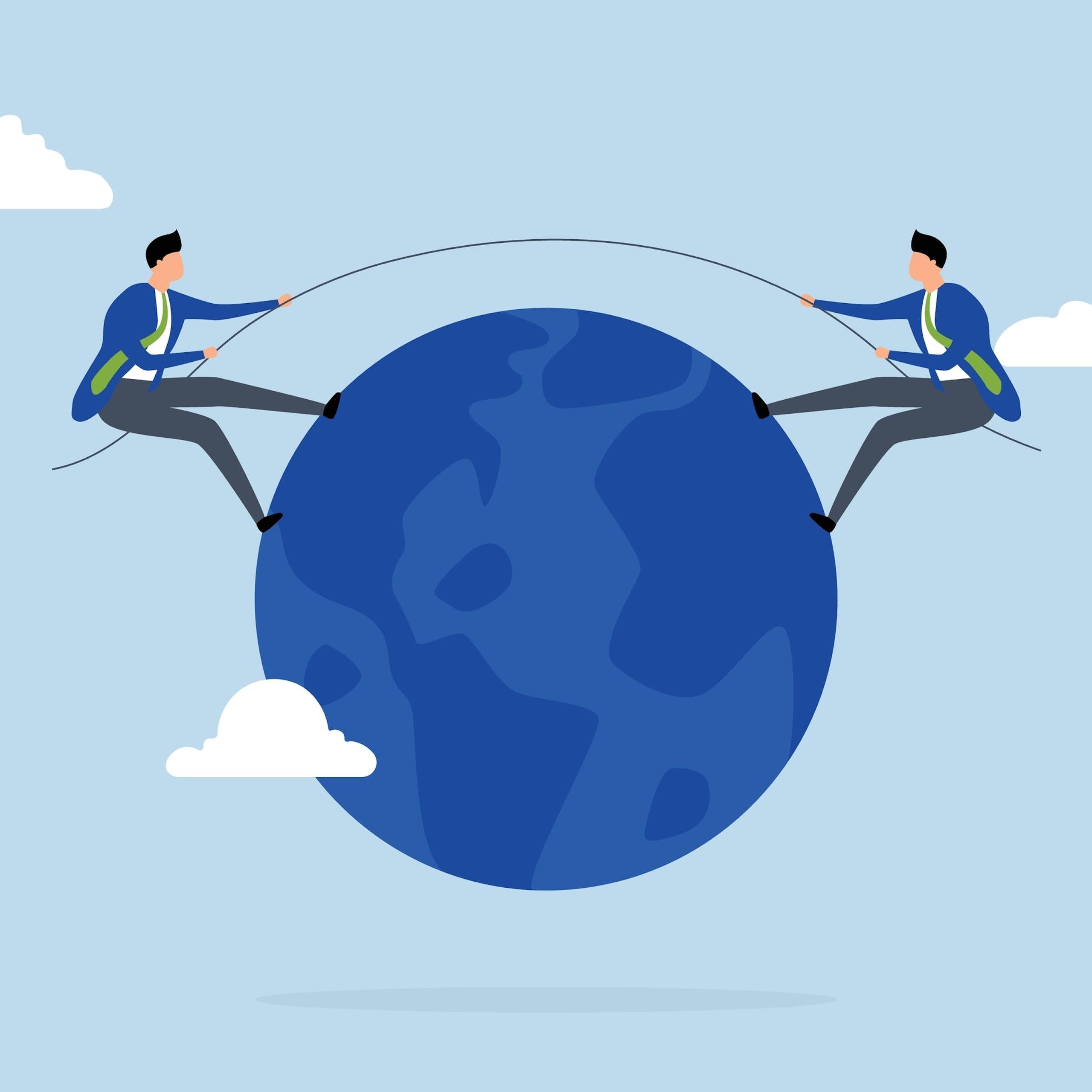 graphic, two businessmen tug of war on planet earth