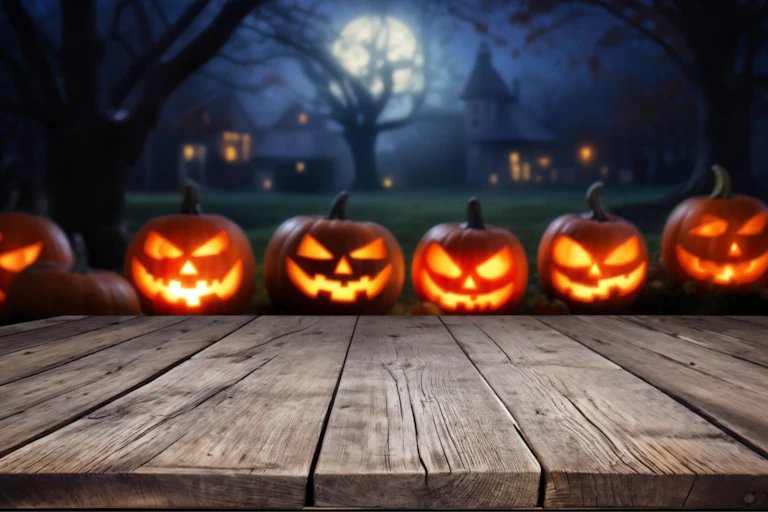 Citrouilles d'Halloween devant un château hanté