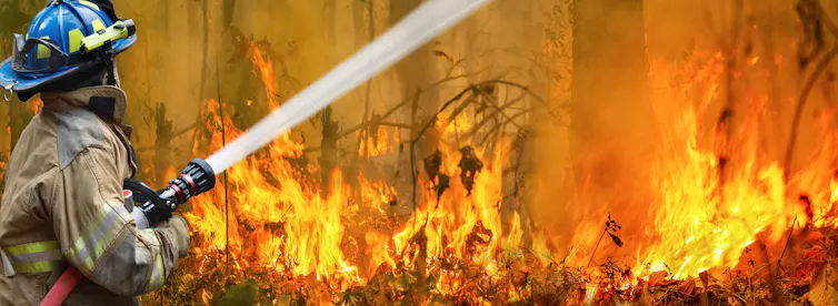 wildfires with firefighter and hose