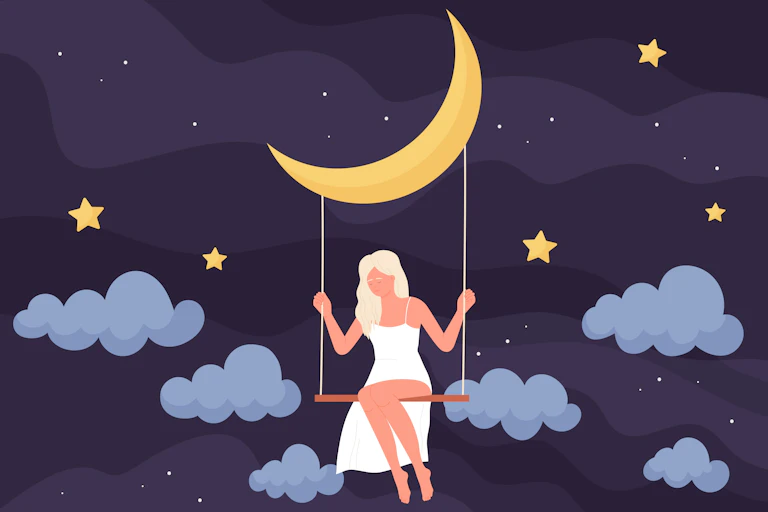 Illustration of girl sitting on swing under moon