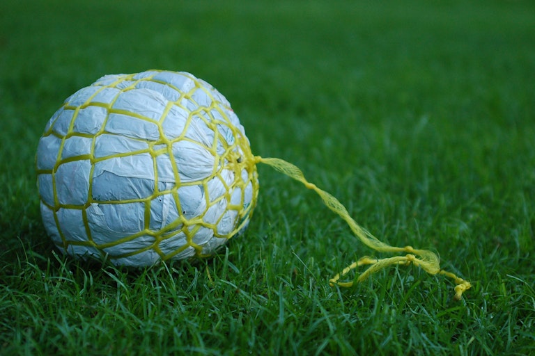 Garbage ball made out of plastic and twine
