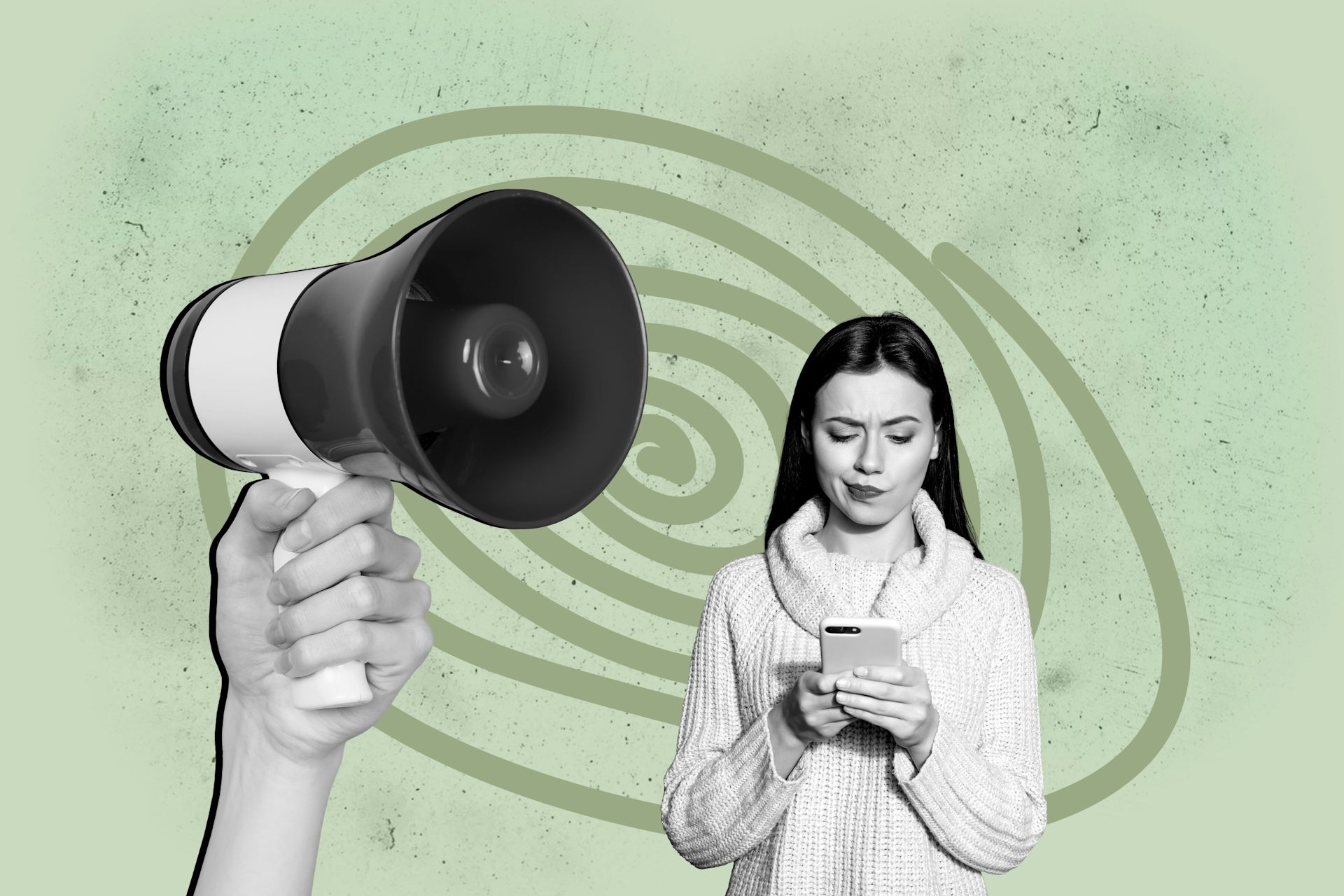 Collage que muestra a una mujer mirando el móvil y una mano con un megáfono