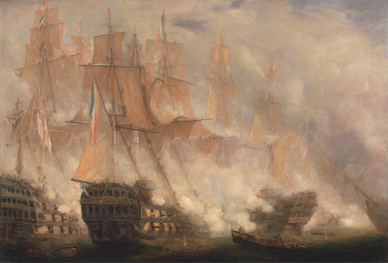 The upward push and fall of globalisation, section one: struggle to be best canine 2 Painting of French ships under fire during the Battle of Trafalgar.