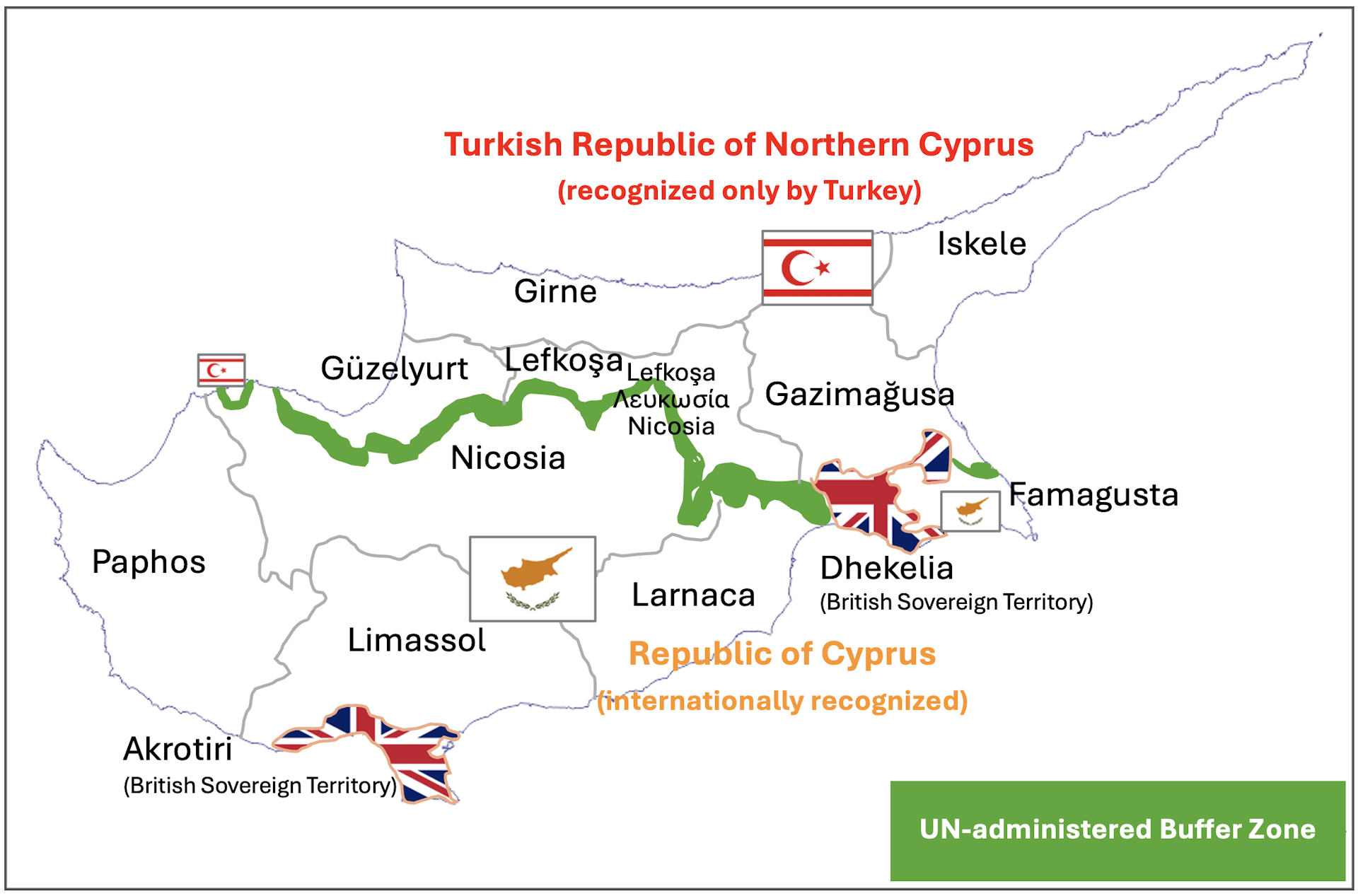 A map with division lines of the island of Cyprus.