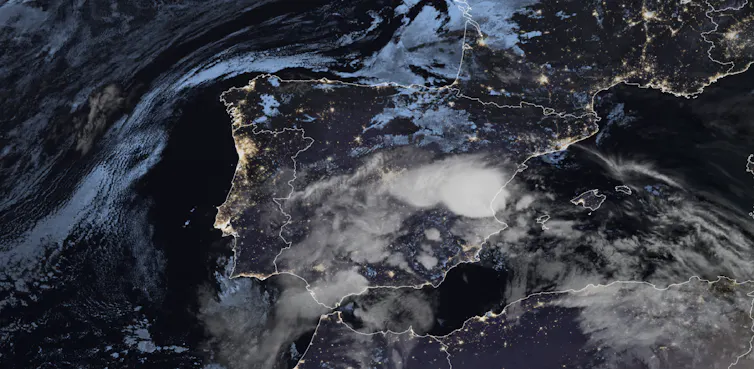 Satellite image showing an accumulation of clouds over eastern Spain.