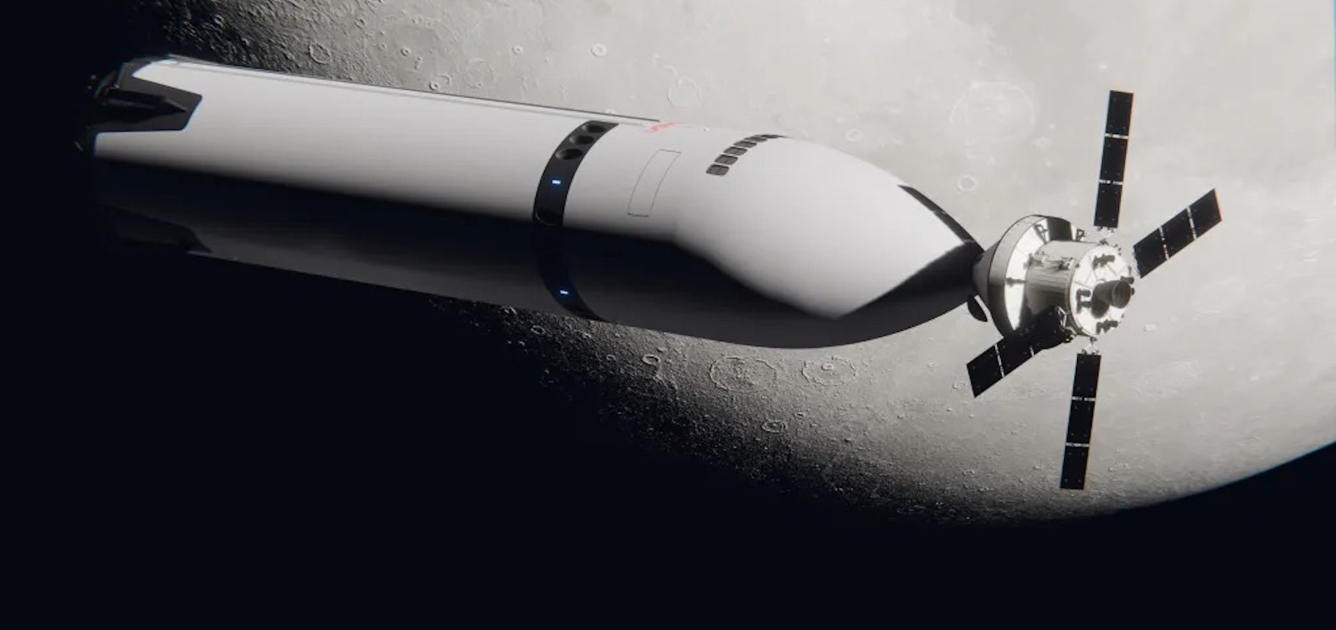 An artist's impression of Starship (left) docked to Nasa's Orion spacecraft (right) in lunar orbit.