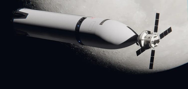 An artist's impression of Starship (left) docked to Nasa's Orion spacecraft (right) in lunar orbit.