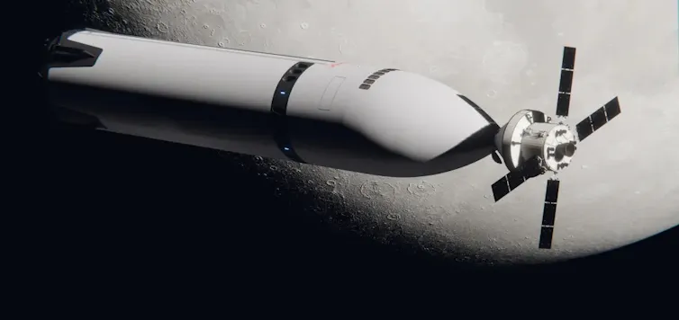 An artist's impression of Starship (left) docked to Nasa's Orion spacecraft (right) in lunar orbit.