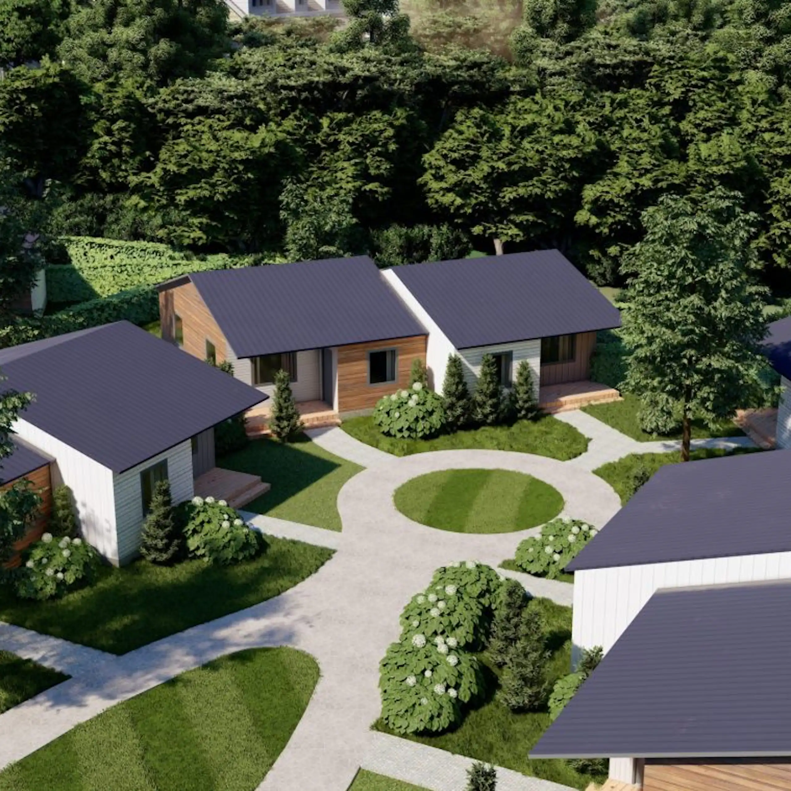 A rendering of small homes surrounded by trees.