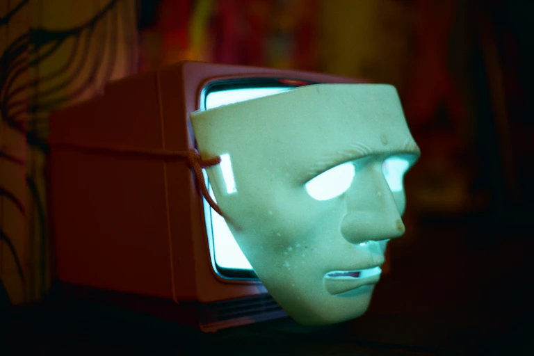 A green mask covers a television screen.