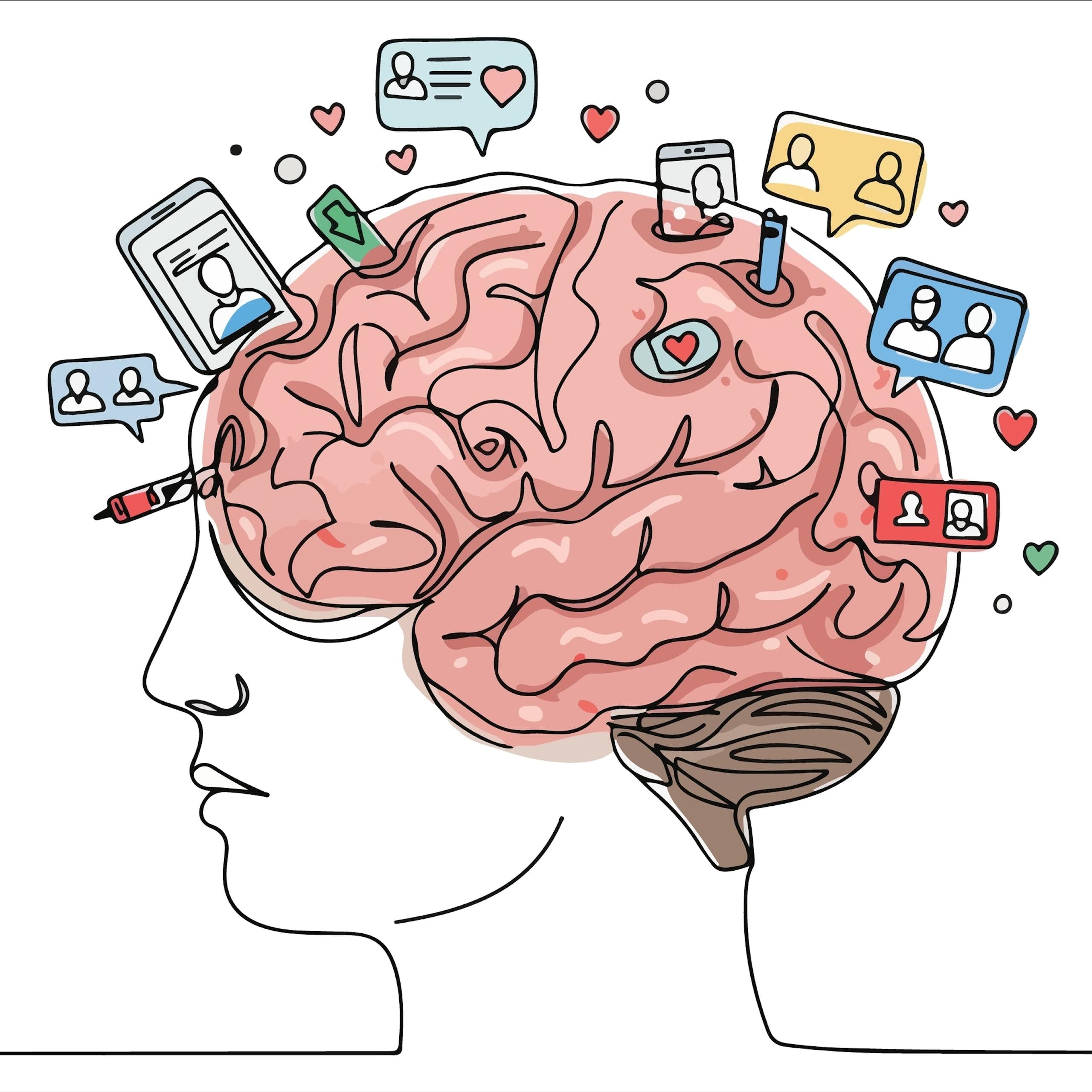 A graphic depicting the human brain, with social media notifications surrounding it.