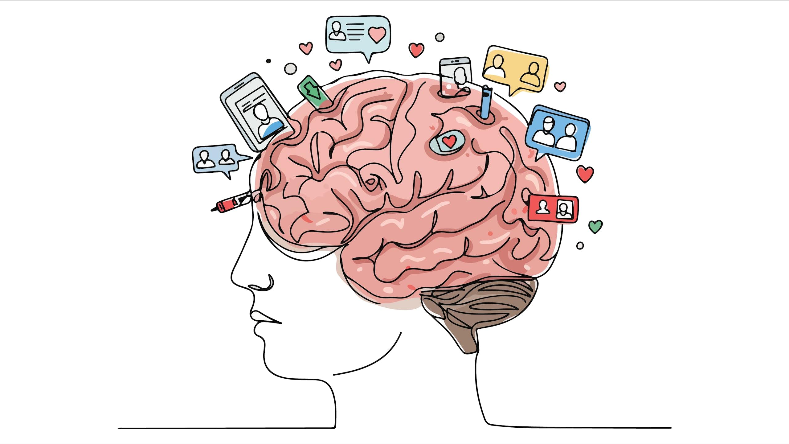 A graphic depicting the human brain, with social media notifications surrounding it.