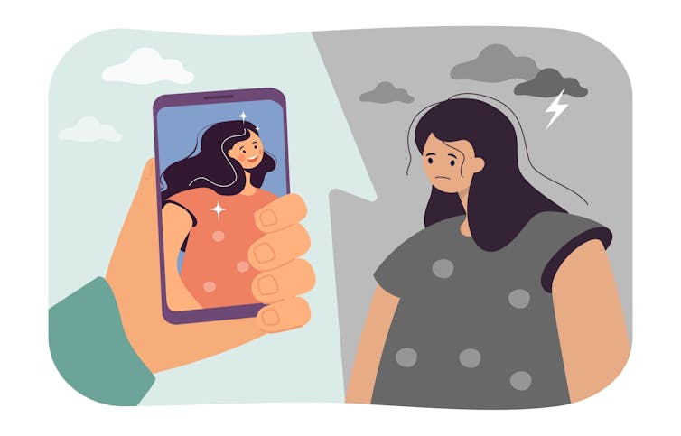 A drawing of a woman looking sad while looking at a happy, filtered version of herself on a smartphone.