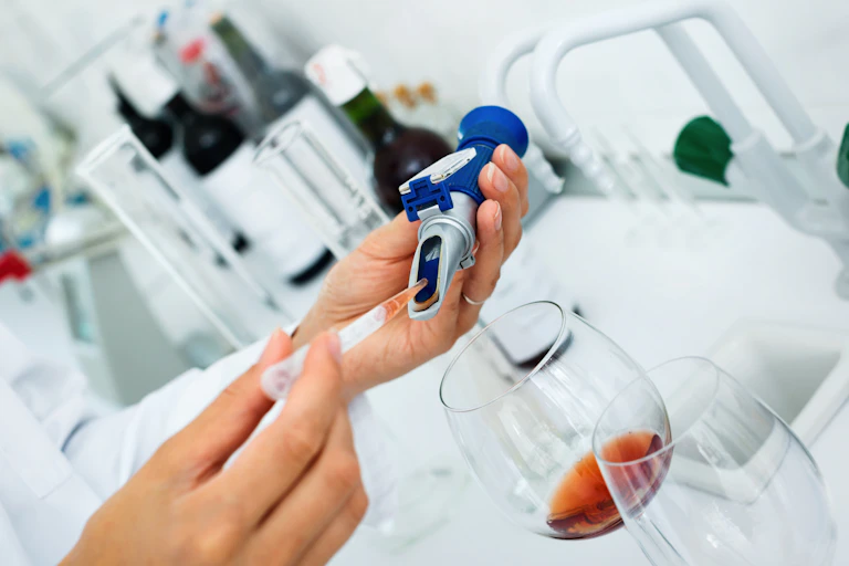 Análisis de vino en un laboratorio químico.