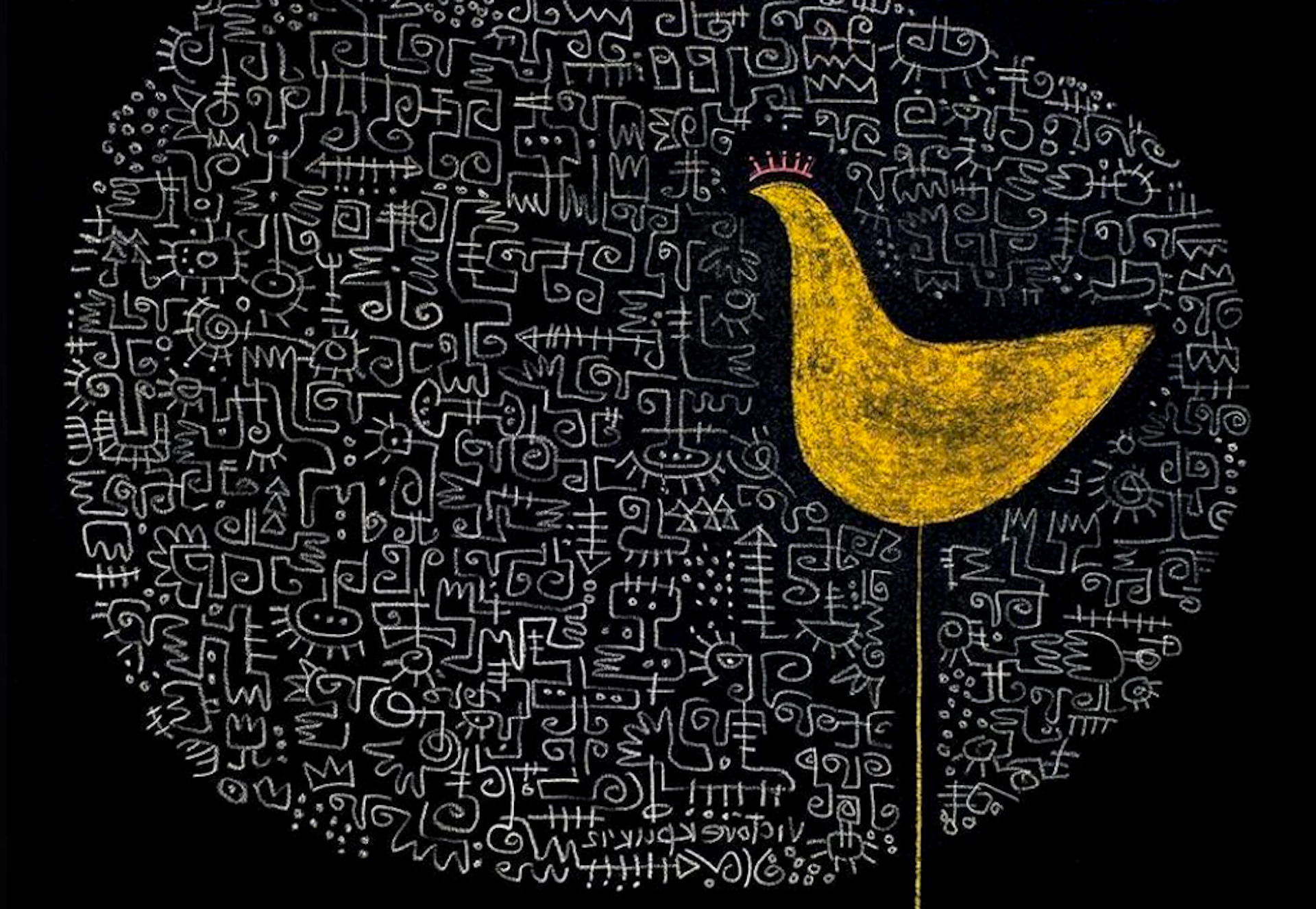 An illustration of a childlike chicken on very long legs in profile against a cloud of African symbols.